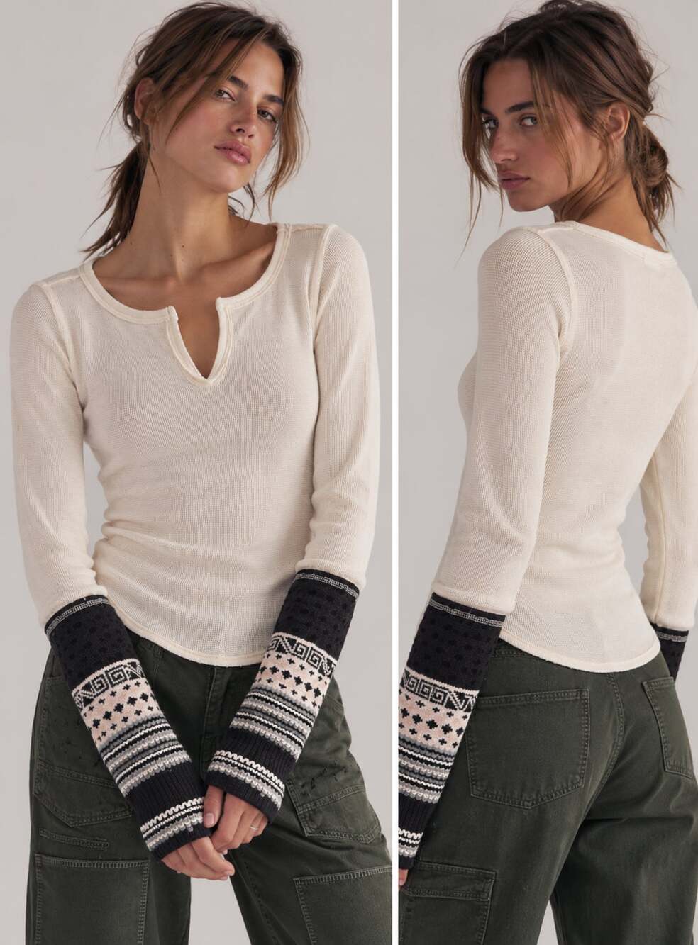 We the Free People Thermal Knit Top Crocheted Sweater Sleeves Small Black Ivory